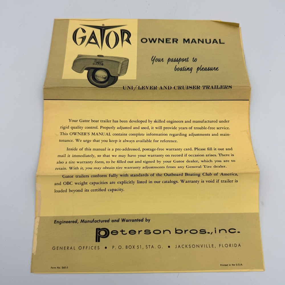 Vintage Gator Boat Trailer Owner Manual Peterson Bros Cruiser Uni Lever Models